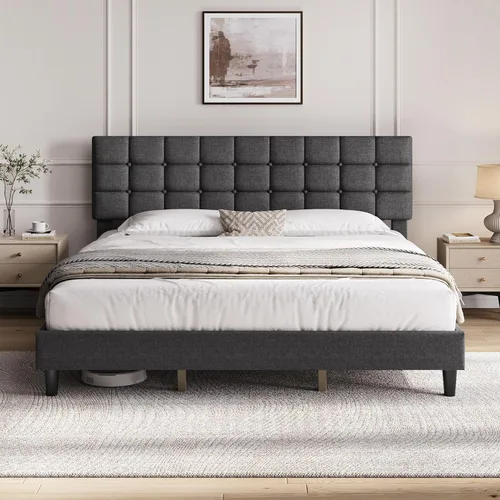 Vista 10 de Yaheetech Base de cama tapizada, moderna plataforma de cama individual con cabecera de costura cuadrada y botones, altura ajustable, soporte