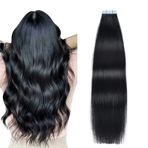 Vista 7 de SUYYA Extensiones de Cabello Humano Rizado Liso con Cinta, Color Negro Natural, Extensiones de Cabello con Cinta, Cabello Humano Rizado Liso, 12