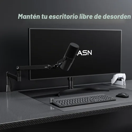 Vista 3 de BASN - Soporte de brazo de micrófono de perfil bajo con abrazadera de escritorio, diseño giratorio y almacenable, canal de gestión de cables