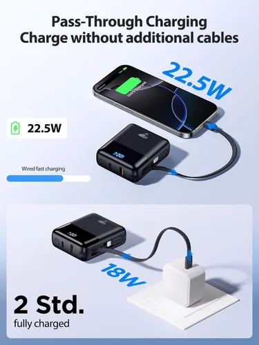 Vista 6 de Cargador portátil de 10000 mAh Banco de energía de carga rápida, paquete de batería USB C de 22.5W con cables incorporados, cargador portátil
