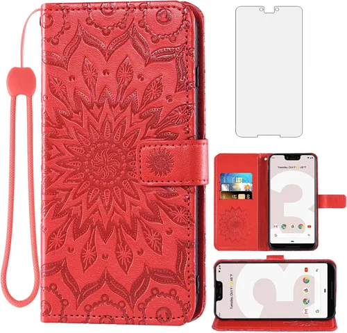 Vista 9 de Funda de teléfono para Google Pixel 3 XL con protector de pantalla de vidrio templado y funda magnética de cuero, soporte para tarjetas, accesorios