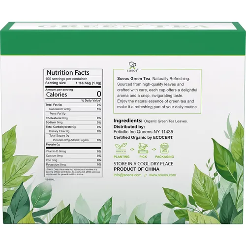 Vista 2 de Soeos Té verde orgánico, 6.3 oz (180 g), 100 bolsas de té, refrescante y fragante, de origen sostenible, ideal para té caliente o helado, frescura