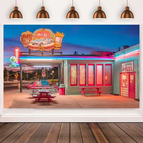 Vista 4 de Telón de fondo retro para restaurante de 10 x 7 pies, ruta 66, tienda de conveniencia, luces de neón de calle, fondo nostálgico, de los años 50