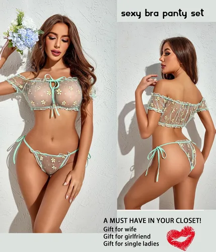 Vista 110 de Avidlove - Conjunto de brasier y braga con volantes, conjunto de lencería tipo babydoll de malla