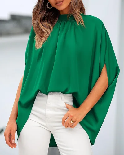 Vista 91 de BTFBM Blusas de verano para mujer, cuello alto falso, manga murciélago, holgadas, dobladillo alto y bajo, blusas informales de gran