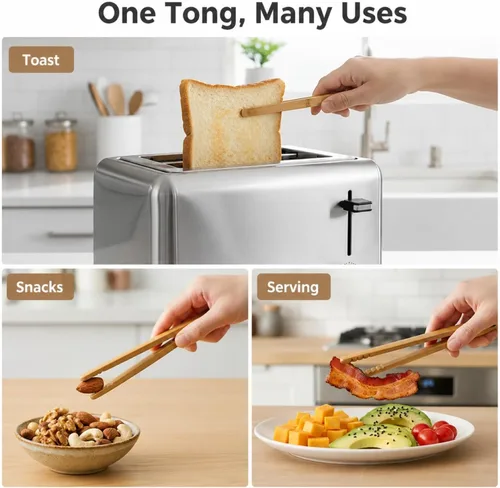 Vista 10 de I-MART Juego de 2 pinzas de bambú para tostadoras de 7 pulgadas, pinzas de madera para tostadas para uso en cocina pequeña, bagels, magdalenas