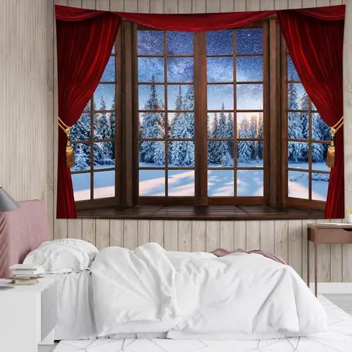 Vista 3 de WEENEO Tapiz de bosque de invierno, ventana, exterior, pino, Navidad, escena de nieve, tapiz de naturaleza, plantas, montaña bajo azul estrellado