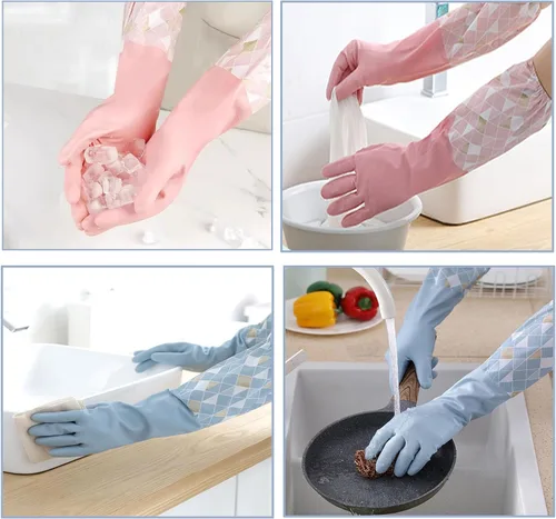 Vista 6 de 3 guantes de limpieza para lavavajillas con forro flocado de algodón, reutilizables, sin látex, impermeables, guantes de cocina para lavandería