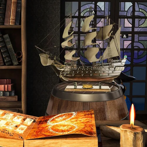 Vista 6 de SAILINGSTORY Modelo de Barco Pirata de Madera Black Pearl Barco de Vela Decoración de Velero 20.5" Velas Antiguas Detalles auténticos artesanales