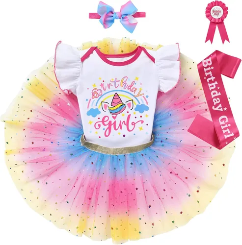 Vista 3 de IDOPIP Conjunto de 5 piezas de ropa para bebé con diseño de arco iris para 1er 2 3 cumpleaños para niña