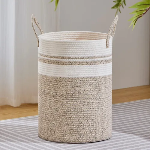 Vista 22 de VIPOSCO Cesta de lavandería tejida pequeña de 30L, color marrón y blanco