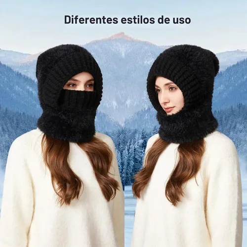 Vista 4 de Pasamontañas de una pieza para mujer, gorro de cráneo, bufanda para el cuello, bufanda de esquí, nieve, invierno, gorro de forro polar de punto