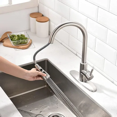 Vista 7 de Grifos de cocina de níquel cepillado con rociador extraíble Grifo de fregadero de cocina con rociador extraíble Montaje en cubierta de un solo