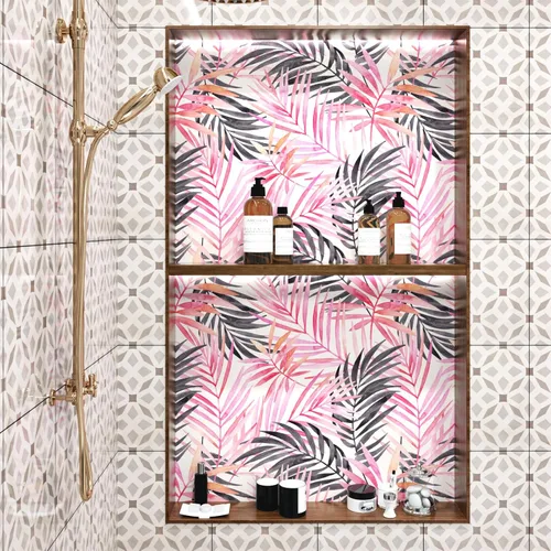 Vista 6 de Papel tapiz de hojas bohemias para despegar y pegar, papel de contacto extraíble de palmera rosa y negra para armarios, papel tapiz floral tropical