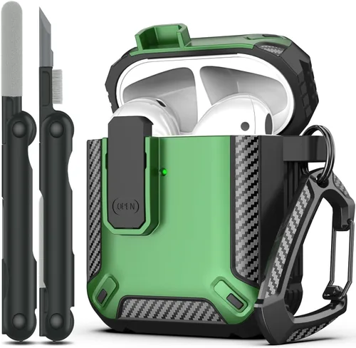 Vista 30 de RFUNGUANGO Funda para AirPod de 2ª generación con kit de limpieza, armadura protectora de carcasa dura militar con bloqueo para funda de carga