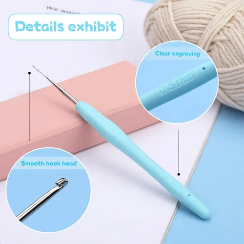 Vista 3 de Gancho de ganchillo de 0,5 mm, mango ergonómico para manos con artritis, agujas de tejer extra largas para principiantes y lana para ganchillo