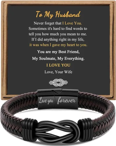 Vista 12 de Regalo para Hombres Pulsera Infinita para Hombres Papá Marido Novio Hijo Nieto Hermano Sobrino Tío Cuero Trenzado Marrón Siempre Unidos Acero