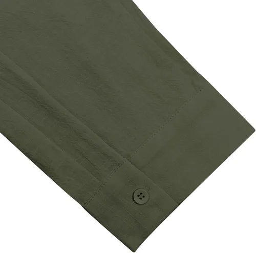 Vista 5 de JEKAOYI - Camisas de lino con botones para hombre, de manga larga, ajuste regular, de algodón, camisas de playa con bolsillo