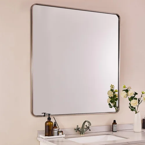 Vista 51 de Espejo de latón para baño, espejo rectangular redondeado de 22x30 pulgadas con marco de metal cepillado dorado, espejo de tocador de baño sin