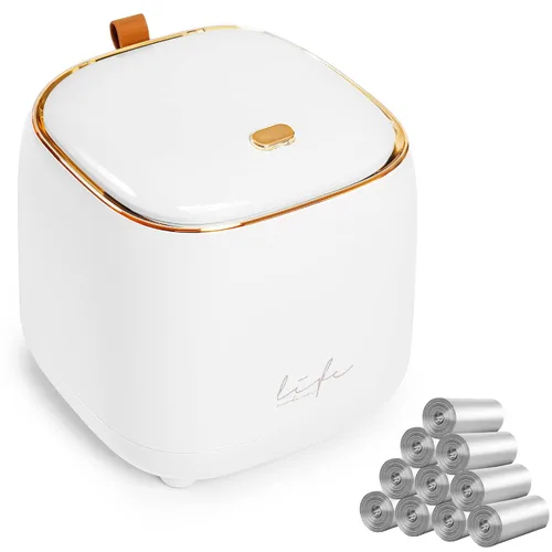 Vista 7 de Mini cubo de basura de encimera con 10 rollos de bolsas de basura, cubo de basura con tapa de presión, cubo de basura de escritorio aplicable