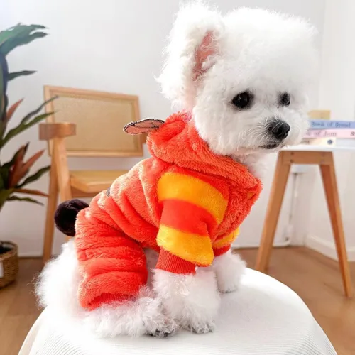 Vista 5 de Disfraz de tigre para perro, ropa de terciopelo suave para perro, sudadera con capucha de invierno, divertido disfraz de Halloween para perros