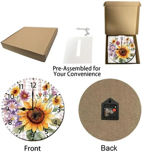 Vista 5 de Reloj de pared de madera de girasol, relojes de pared de granja, funciona con pilas, reloj de pared analógico de 10 pulgadas, reloj de pared