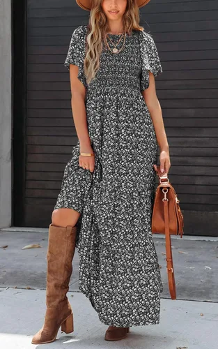 Vista 2 de PRETTYGARDEN - Vestido largo casual de verano para mujer, manga corta acampanada, bohemio, floral, cuello redondo, vestido blusón, escalonado