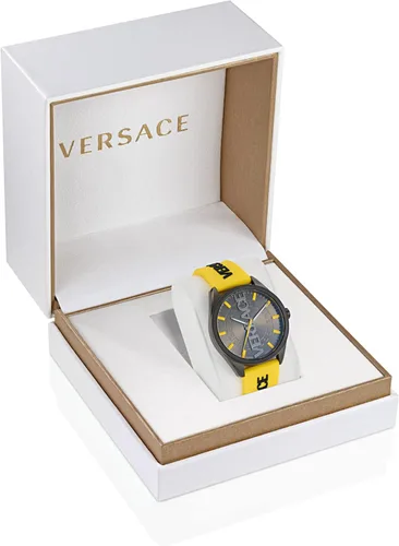 Vista 4 de Versace V-Vertical Collection Reloj de lujo para hombre con correa amarilla con una caja de metal IP y esfera gris, Gris, V-Vertical