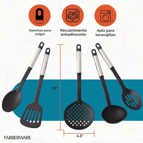 Vista 2 de Farberware Juego de herramientas de cocina de acero inoxidable - Negro, juego de 5 Negro/Plateado