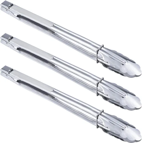 Vista 7 de HINMAY Pinzas pequeñas de acero inoxidable para servir alimentos, cocinar, asar ensaladas (7 pulgadas, 3 piezas)