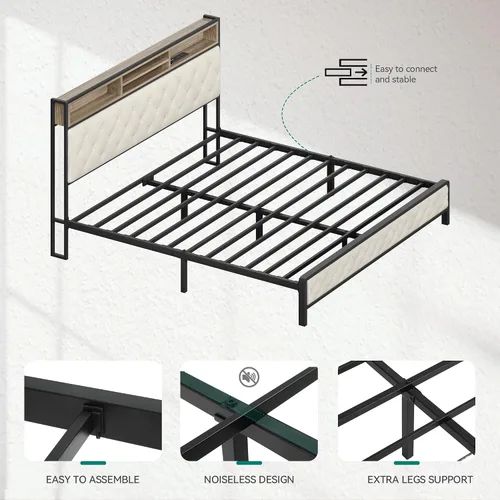 Vista 8 de YITAHOME Base de cama de plataforma tamaño Queen con cabecera de 45.2 pulgadas de alto, cabecera de almacenamiento tapizada con estación de carga
