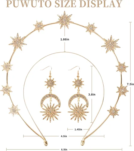 Vista 2 de Halo Crown - Stars Crystal Goddess HeadBand with Earrings Mary Metal Halo Headpiece Celestial Crowns Tiaras for Women Bridal Wedding Costume Cosplay
