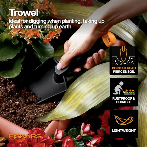 Vista 2 de Fiskars Juego de herramientas de jardín de verduras con tijeras de verduras, sembrador de semillas, paleta, cultivador, desbrozadora y guantes