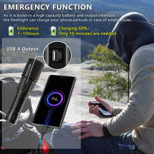 Vista 4 de Linternas LED Recargables de Alto Lúmenes, Linterna de 10000mAh de Alta Potencia Impermeable Más Brillante Linterna Zoomable con Foco