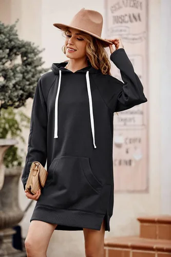 Vista 4 de PRETTYGARDEN Sudadera casual de manga larga con dobladillo dividido y bolsillo tipo canguro
