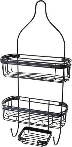 Vista 2 de Splash Home Puerta de baño o colgante de cabezal de ducha con dos cestas organizadoras, más estantes de almacenamiento para champú, jabones Negro