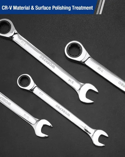 Vista 4 de WORKPRO Llave combinada de trinquete de 1/2 pulgada SAE, CR-V construida con cromado pulido espejo, diseño de 12 puntos, desplazamiento de 15 grados