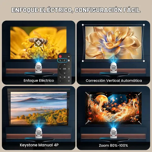 Vista 3 de 【Enfoque Eléctrico】Mini Proyector, Proyector 4K Soporte 1080P, Proyector de 260 Lúmenes ANSI con WiFi y Bluetooth, Proyector Inteligente Mejorado