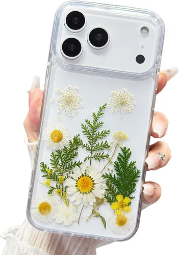 Vista 14 de Funda floral para iPhone 17 con flores reales prensadas, bonito diseño de flores secas prensadas transparentes con purpurina para mujer, suave TPU