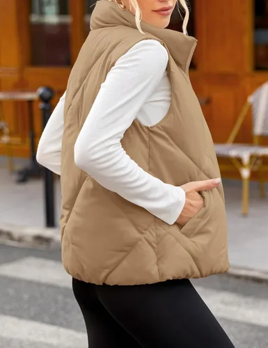 Vista 7 de MEROKEETY Chaleco acolchado sin mangas con cremallera para mujer, con cuello alto, con bolsillos