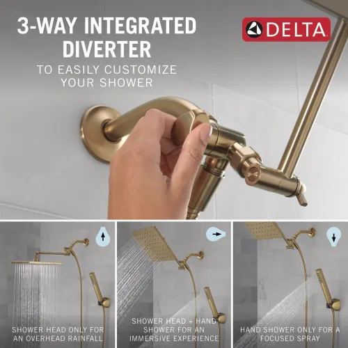 Vista 3 de Delta Faucet - Conjunto de regadera tipo lluvia de 10 pulgadas y ducha de mano, regadera cuadrada dorada, de efecto lluvia, ducha de mano, de alta