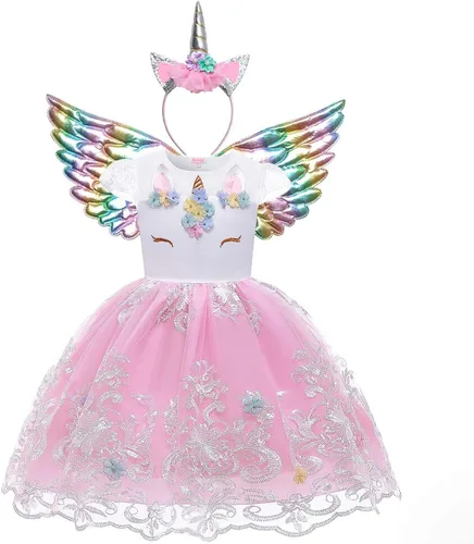 Vista 2 de QPANCY Vestidos de unicornio para niñas, trajes de concurso de princesa, diadema y ala a juego