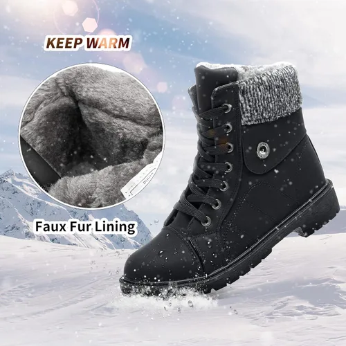 Vista 2 de Botas de combate de piel sintética para mujer, con forro de piel cálida, botines negros con cremallera lateral, botas de invierno antideslizantes
