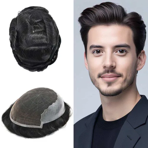 Vista 73 de Mens Toupee Human Hair Replacement System Swiss Lace Toupee For Men Hair Piece Protesis Capilar Mens Hairpiece 5X7#1 Jet Black 120% Density