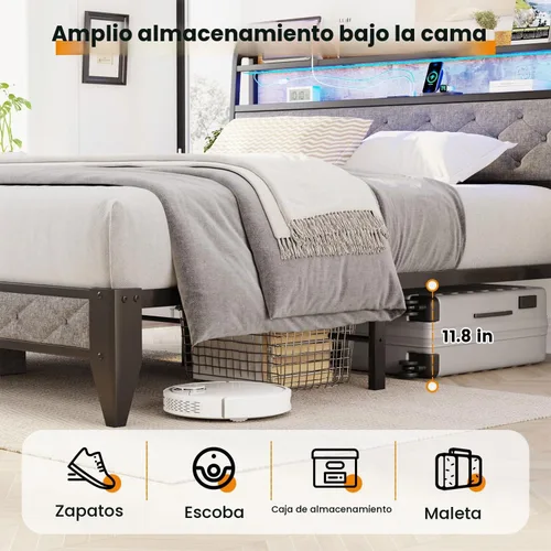 Vista 4 de Winkalon Marco de cama LED completo con cabecero, base de cama con estación de carga, marco de cama de plataforma de metal, tamaño matrimonial,