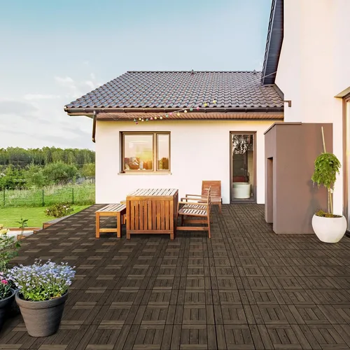 Vista 8 de Yaheetech 27 azulejos de madera para terrazas de patio, azulejos entrelazados para patio, madera maciza y plástico para interiores y exteriores, 12