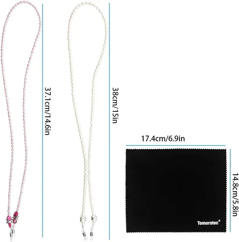 Vista 7 de Tomorotec Paquete de 2 Correa de soporte para lentes de perla, retenedor de gafas, collar de cadena con cuentas rosas de alta calidad, cordón