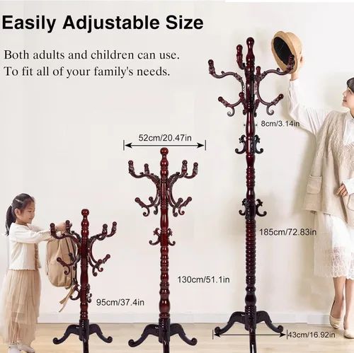 Vista 5 de Perchero de madera independiente, colgador de árbol de pasillo con ganchos de resina, perchero ajustable y resistente para colgar ropa, bolsas