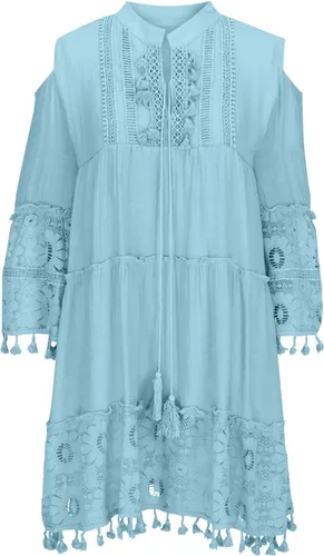 Vista 5 de Vestidos de manga 34 para mujer, vestido de encaje con hombros descubiertos, vestido casual con cuello en V, vestidos de retazos de talla grande