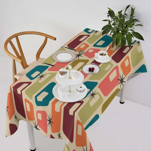 Vista 24 de Mantel retro moderno de mediados de siglo, diseño de colores retro de los años 50, resistente al agua, mantel lavable para cocina, comedor, fiesta